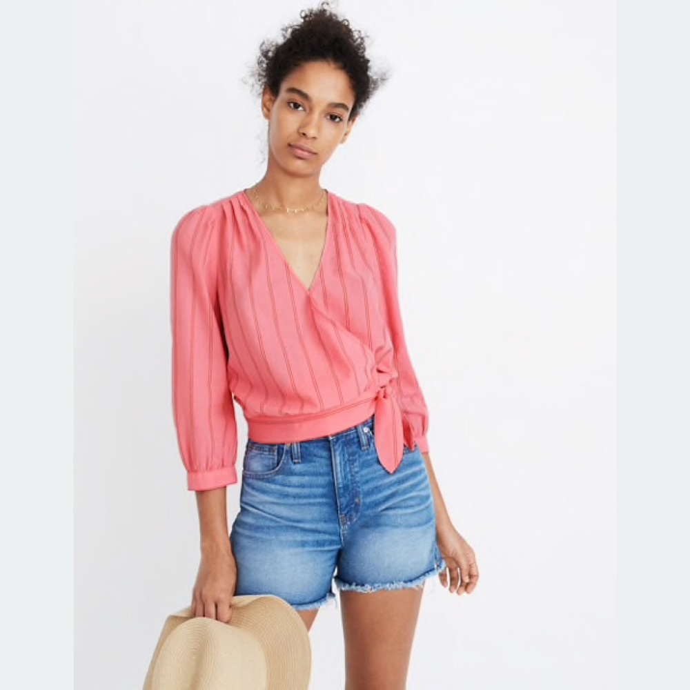 Madewell Wrap Top in Cecilia Stripe Pink Long Sleeve Crop Top Size Large